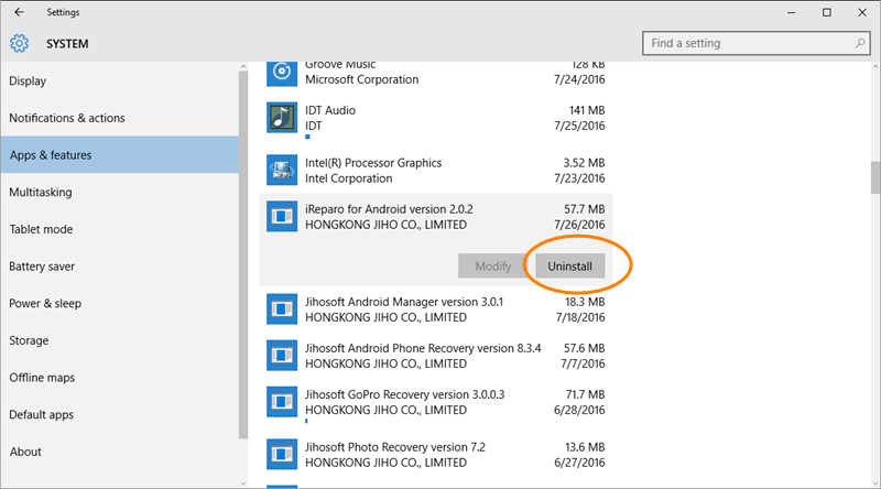 Uninstall iReparo for Android on Win 10