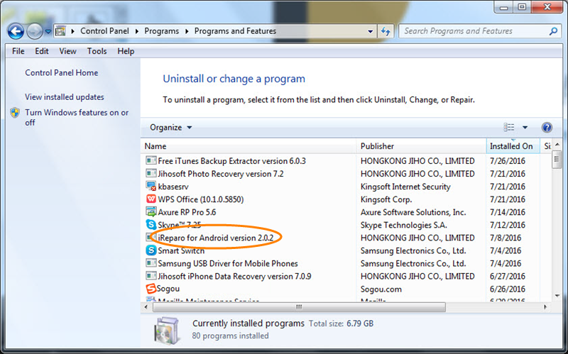 Uninstall iReparo for Android on Win 8